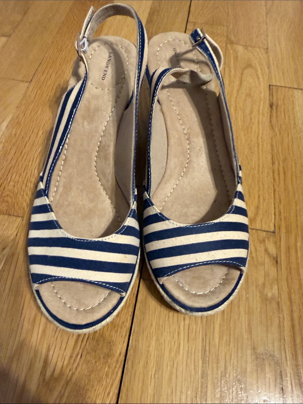 Lands’ End Striped Navy & White Slingback Peep-Toe Sandals